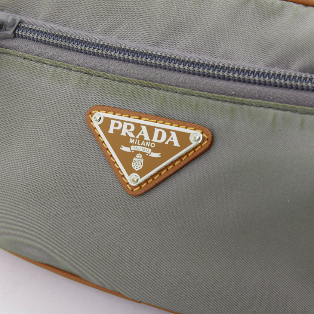 PRADA Tessuto Montagna grey nylon brown leather trim logo belt bag