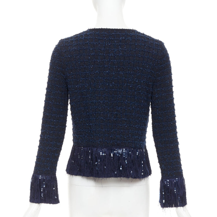 OSCAR DE LA RENTA 2023 navy blue wool tweed sequin fringe hem jacket XS