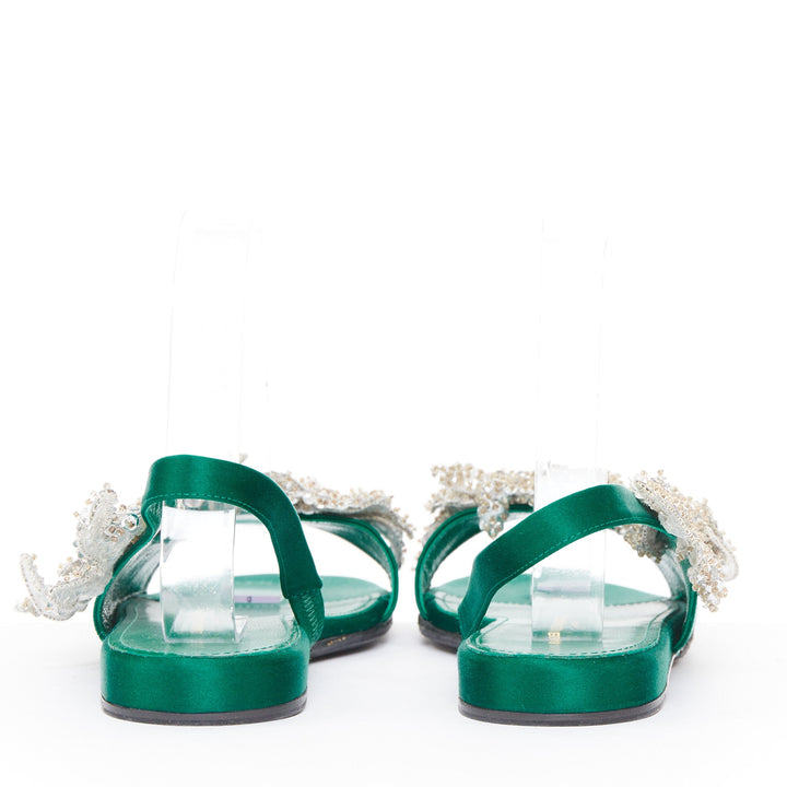 BALENCIAGA 2017 Tess emerald green satin silver sequin open toe flat sandal EU37