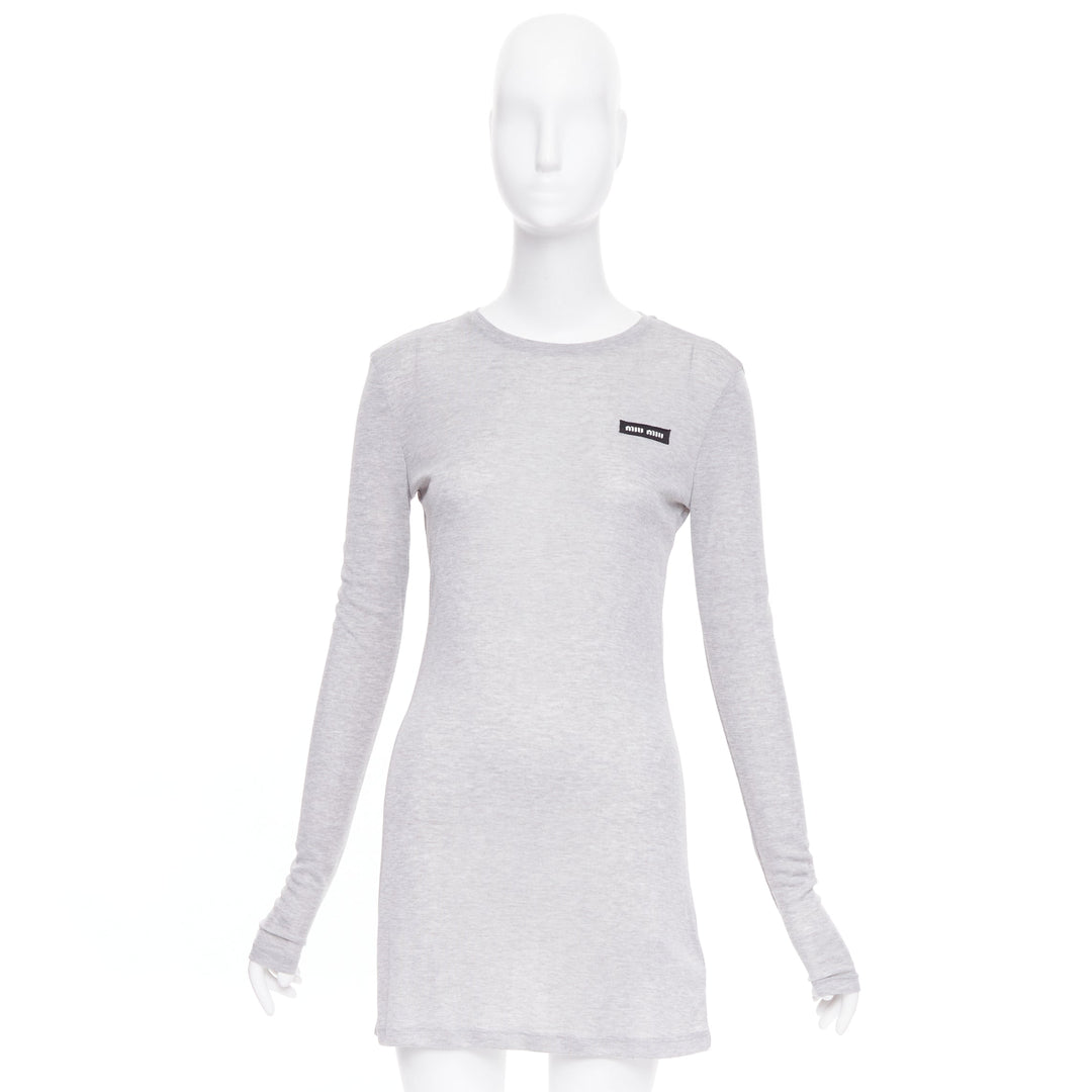 MIU MIU 2022 grey black logo tab crew neck long sleeve tshirt dress IT36 XXS