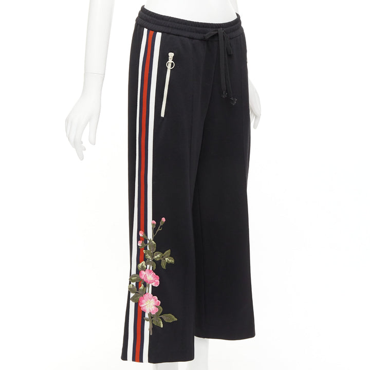 GUCCI black webbing floral patch zip pocket wide leg joggers