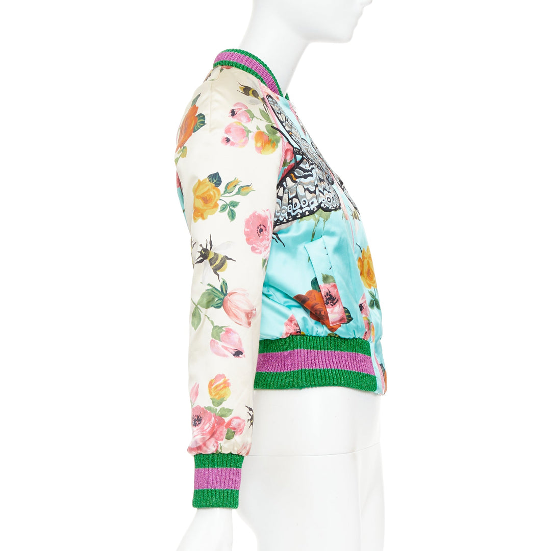 GUCCI 2016 Michele Runway blue silk butterfly bee embroidery bomber jacket IT40