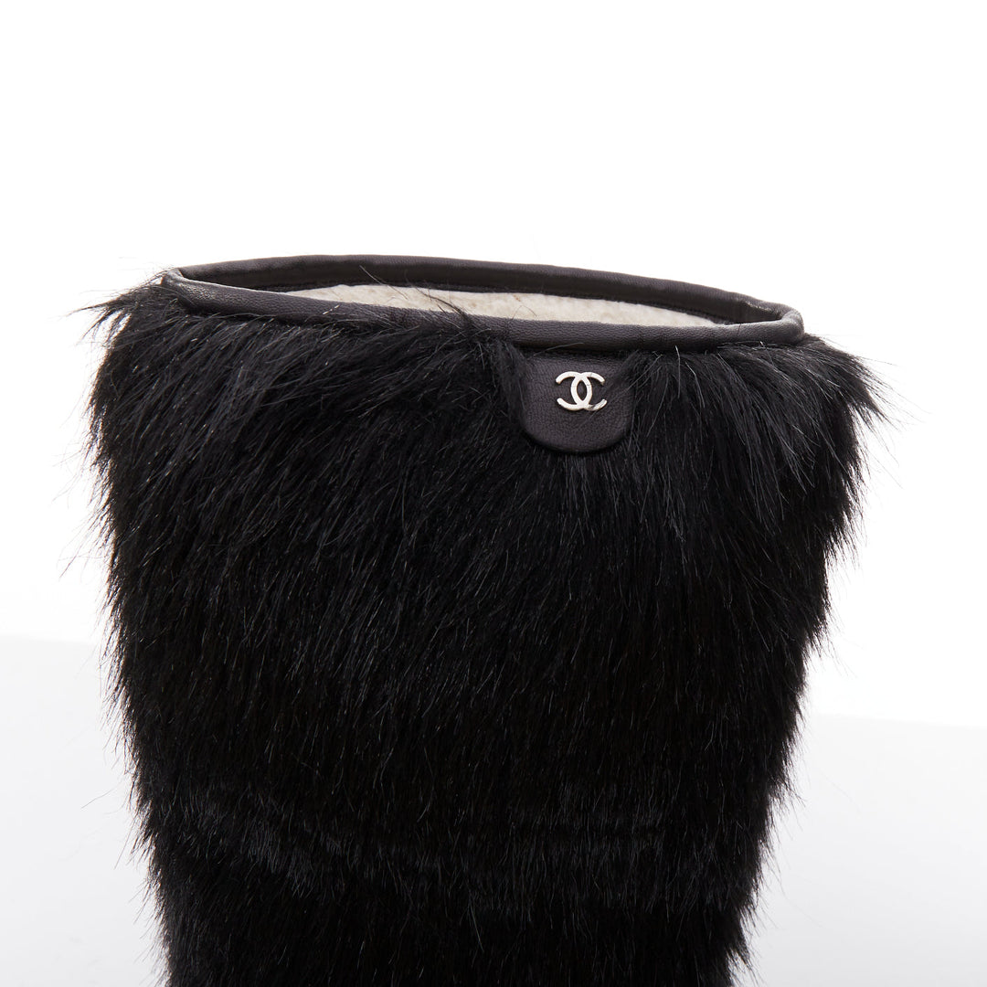 CHANEL 2010 Runway black Yeti faux fur silver CC clear iceberg heel boots EU38.5