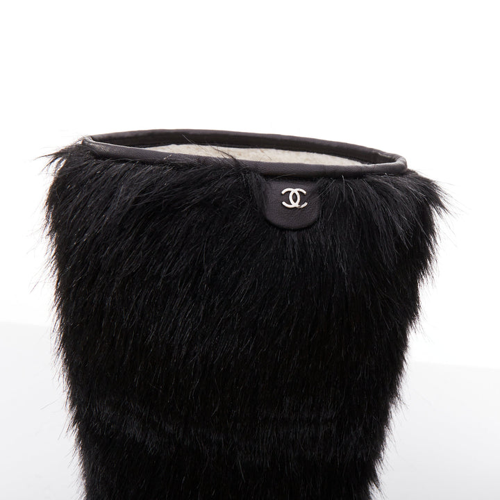 CHANEL 2010 Runway black Yeti faux fur silver CC clear iceberg heel boots EU38.5