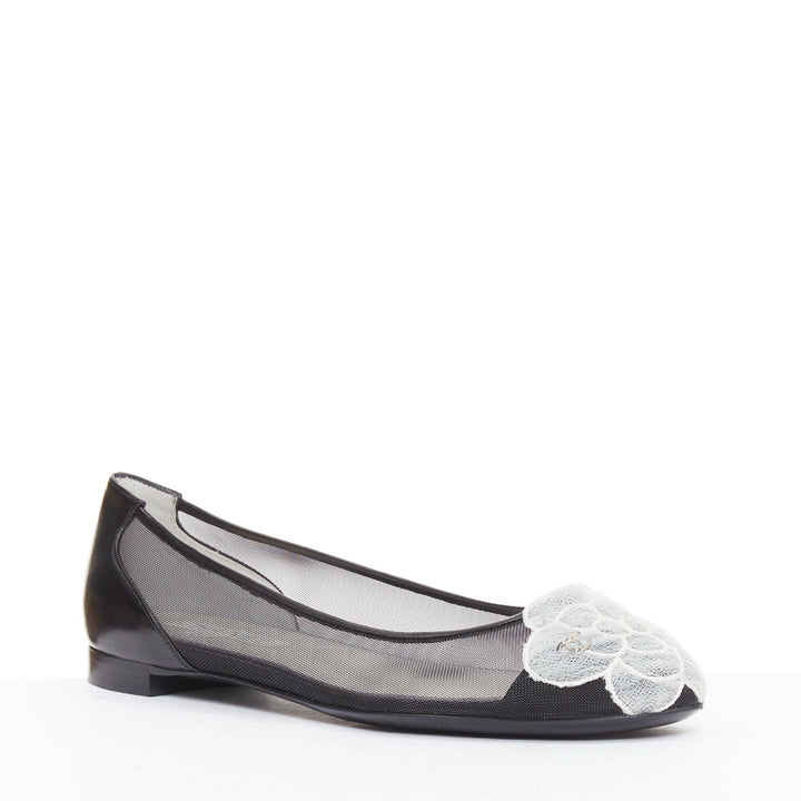 CHANEL 2009 G26433 black sheer mesh leather camellia CC ballerina flats EU37.5