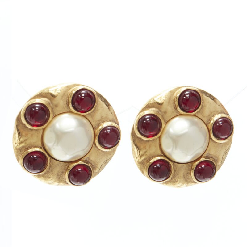 CHANEL Vintage 1990's Collection 23 gold red Gripoix faux pearl clip on earrings