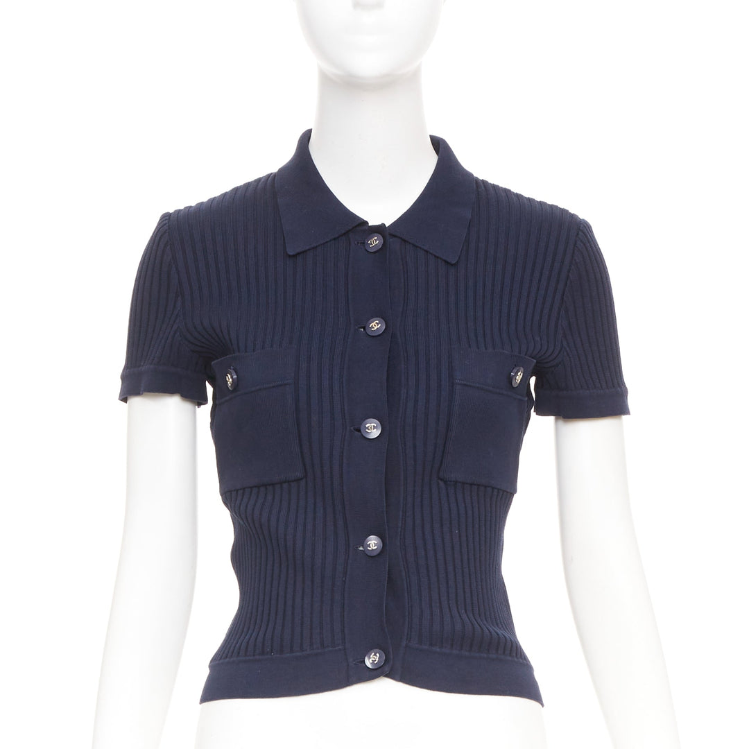 CHANEL 1997 Vintage navy cc logo button pocket collared polo knitwear top FR36 S