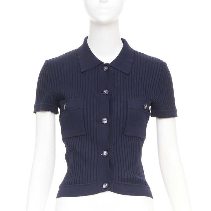 CHANEL 1997 Vintage navy cc logo button pocket collared polo knitwear top FR36 S