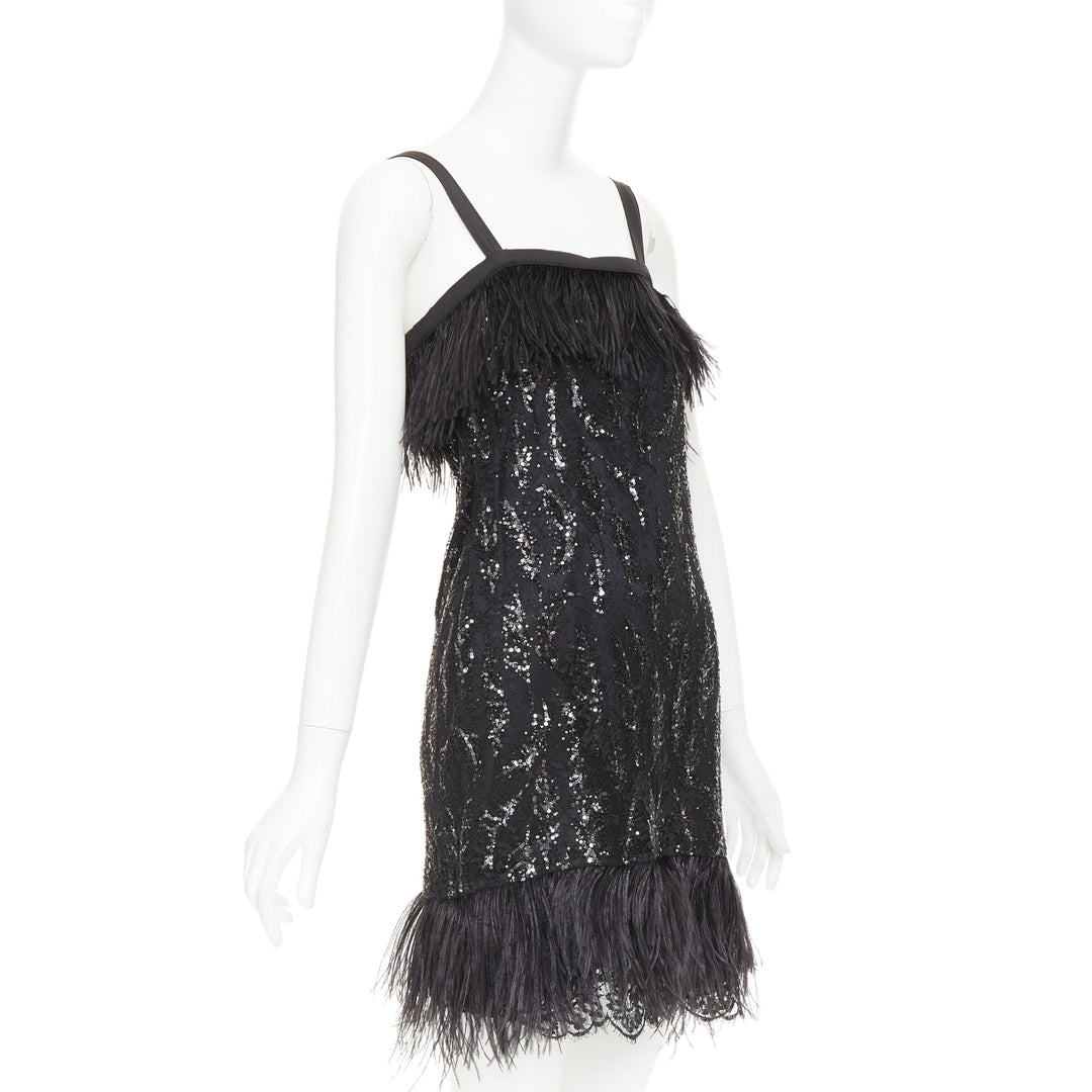 rare PRADA 2014 black sequinned lace ostrich feather strappy mini dress IT38 XS