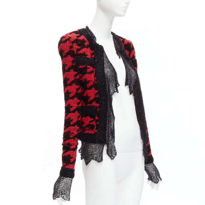 BALMAIN 2022 red black houndstooth destroyed pointelle knit mesh jacket FR34 XS