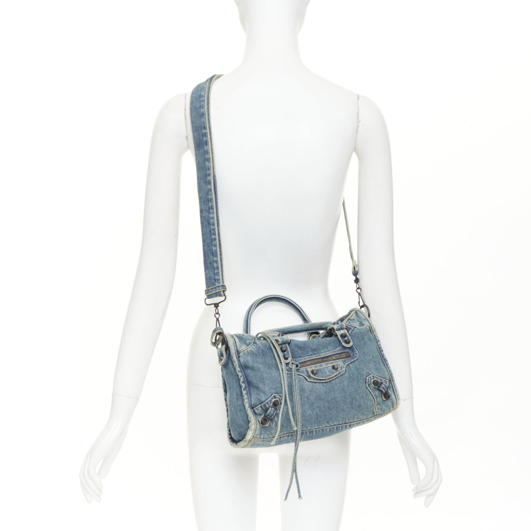 BALENCIAGA Le City Small blue washed denim gunmetal studded top handle bag