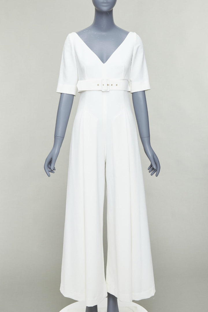 EMILIA WICKSTEAD cream cloque wide leg v neck belted jumpsuit UK8 S