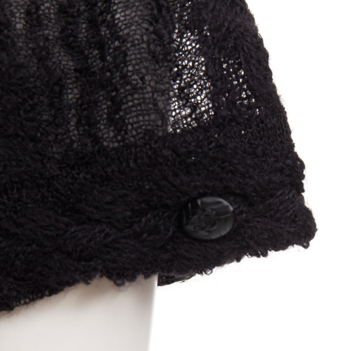 CHANEL black alpaca blend open knit crochet pointelle sleeve midi dress FR40 L