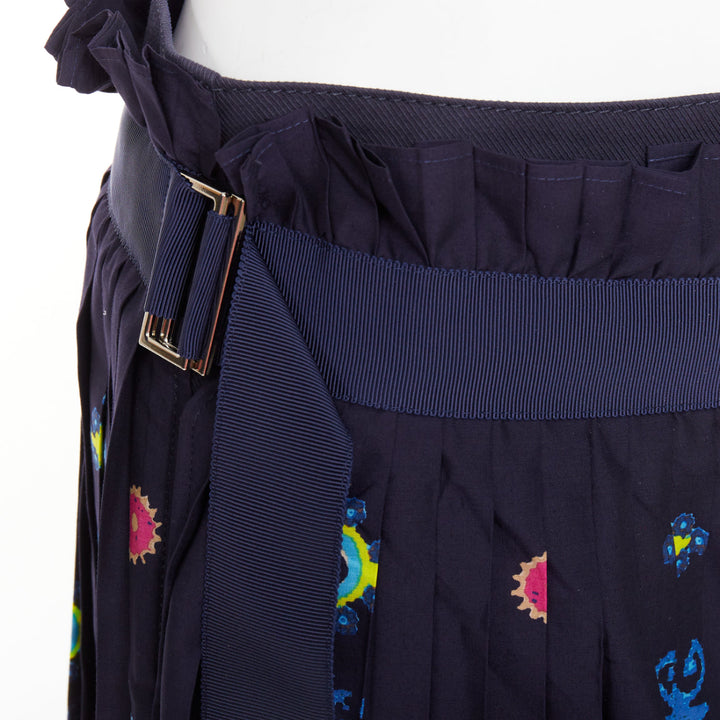 SACAI 2017 navy multicolor circus print belted pleated wrap skorts JP1 S