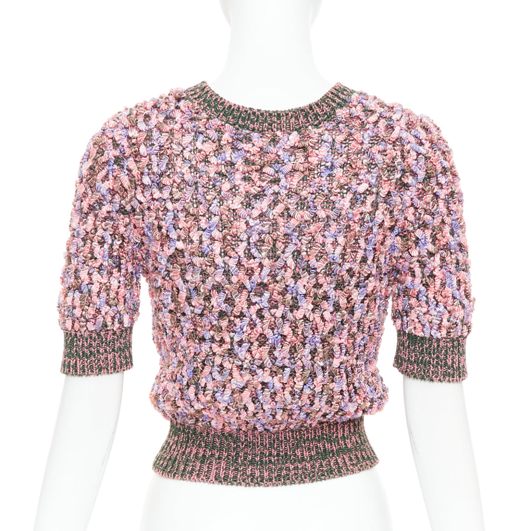 CHANEL 2015 pink green textured boucle knit CC resin crop sweater FR34 XS