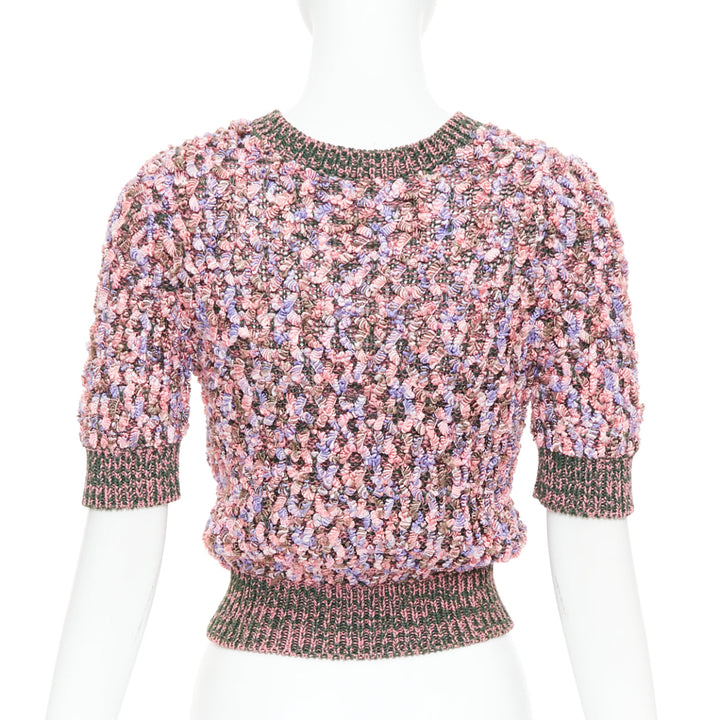 CHANEL 2015 pink green textured boucle knit CC resin crop sweater FR34 XS