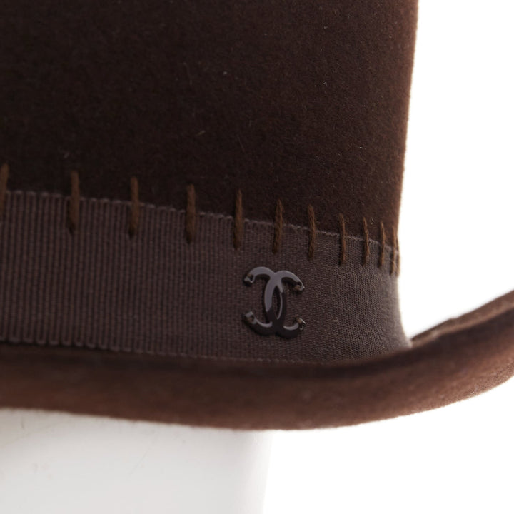 CHANEL 2014 Runway Paris-Dallas brown rabbit hair felt CC topstitch hat M