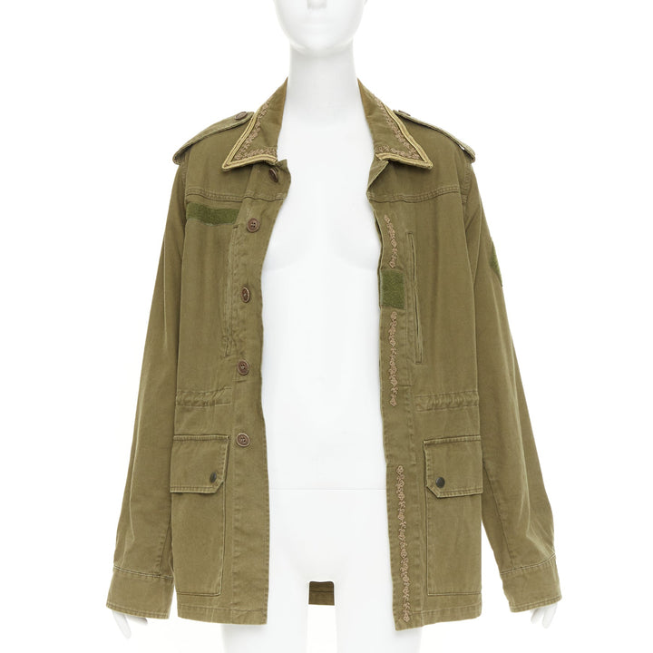 SAINT LAURENT 2018 Saharienne green gold embroidered trim military jacket FR44 L