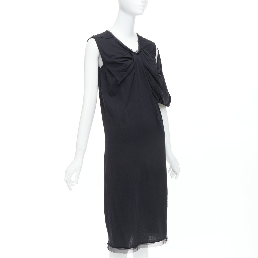 LANVIN black cotton silk trimmed asymmetric draped midi dress XXS