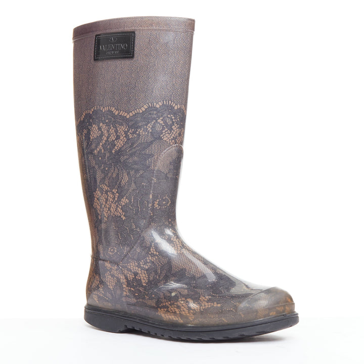 VALENTINO GARAVANI grey nude lace print rubber rain boots EU39