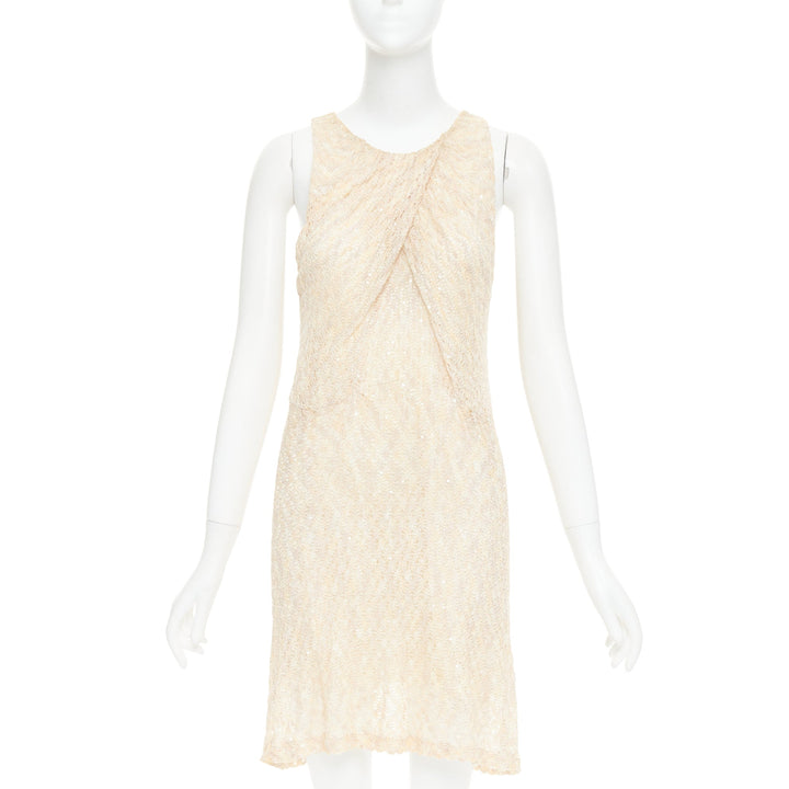 MISSONI cream sequin embellished loose knit pleated neck mini dress IT44 L