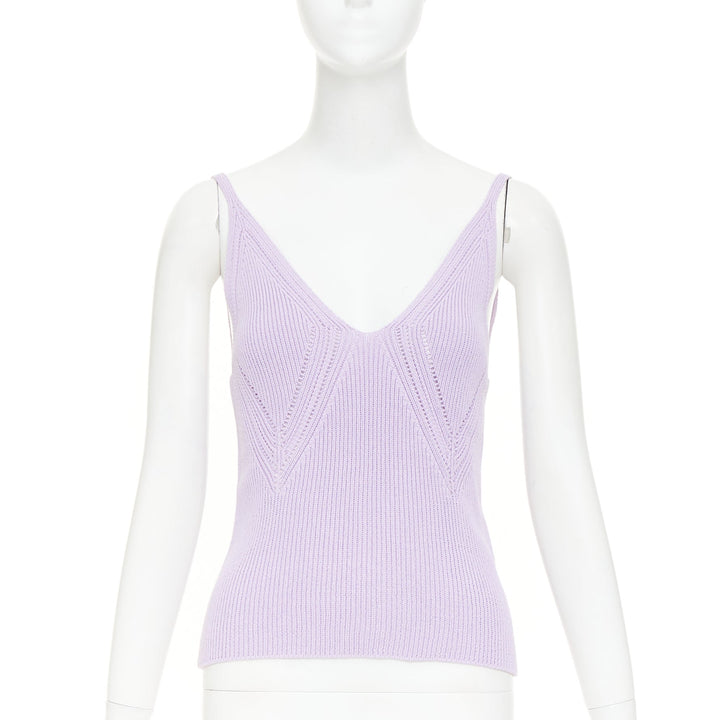 JIL SANDER lilac purple chevron pointelle ribbed knit v neck tank top FR32 XXS
