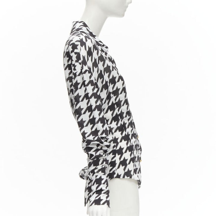 BALMAIN  black white houndstooth viscose gold B button long sleeve blouse FR38 S