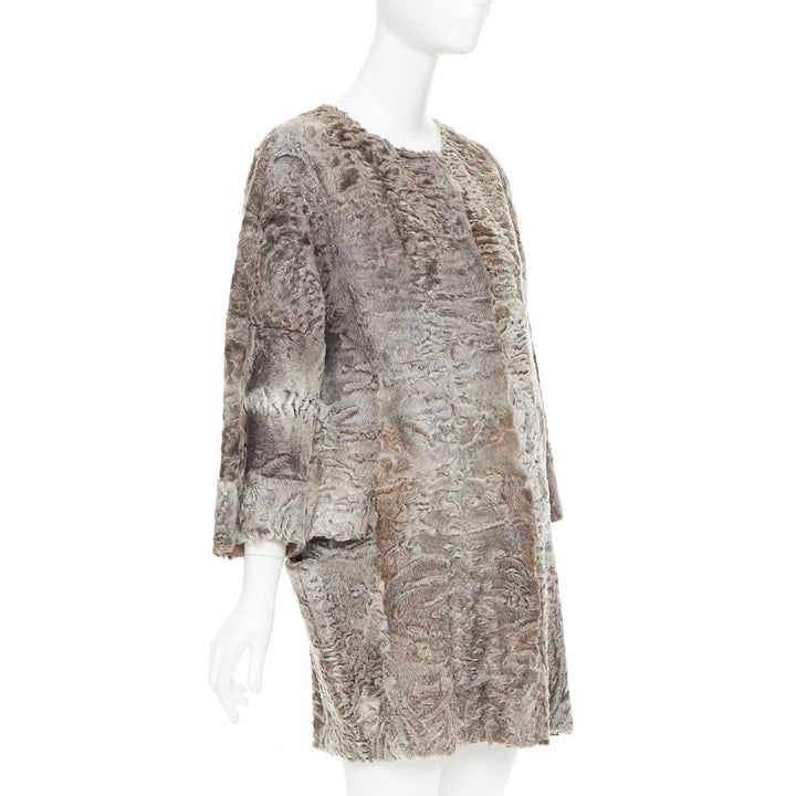 MARNI brown persian lamb astrakan fur cropped sleeve cocoon coat IT40 S