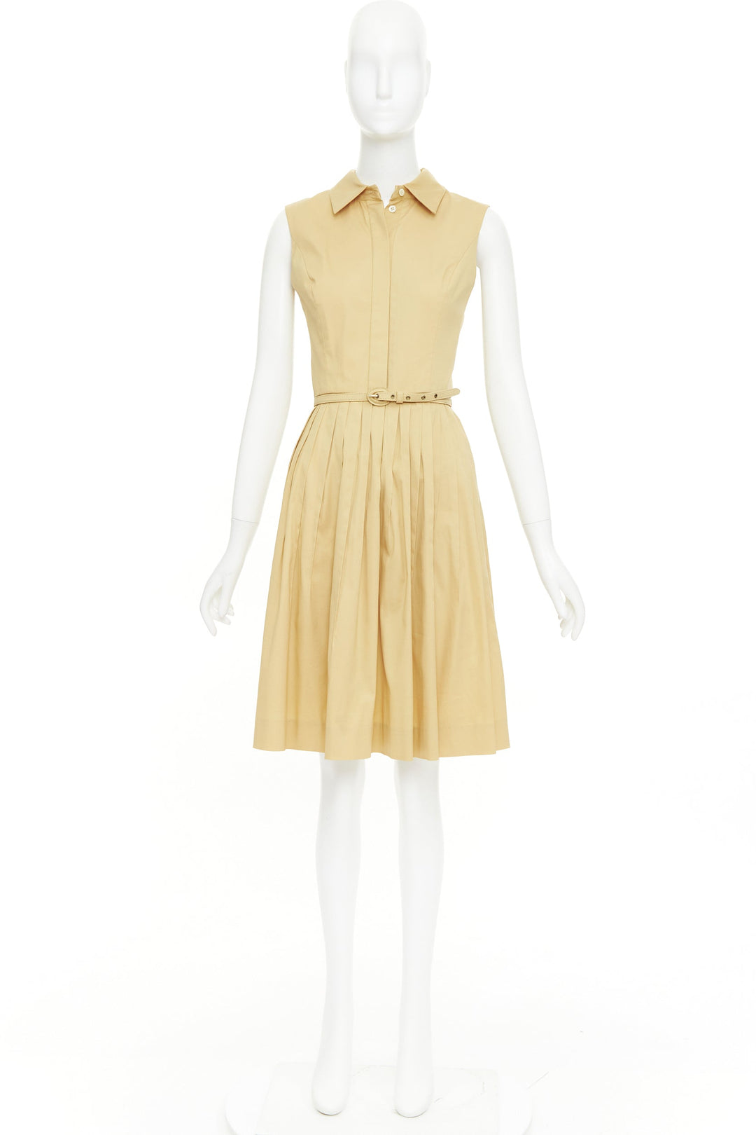 OSCAR DE LA RENTA S14 tan cotton blend sleeveless pleated shirt dress US2 S