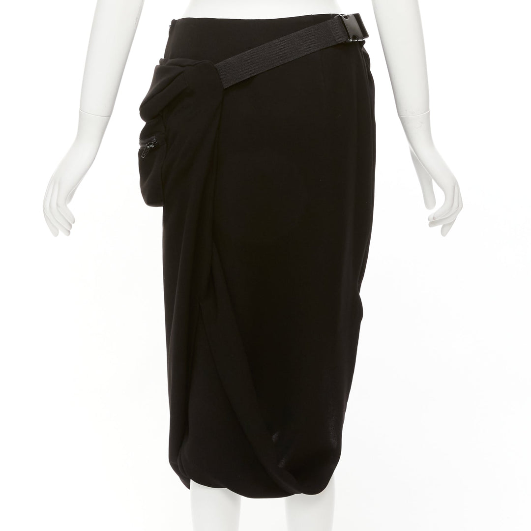 PUSH BUTTON black fabric belt bag buckle insert drape mid waist midi skirt S