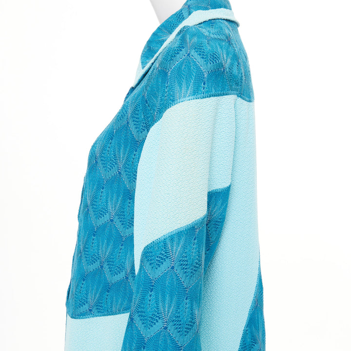 MISSONI Vintage blue patchwork knit pointelle boucle lace wool coat IT42 M