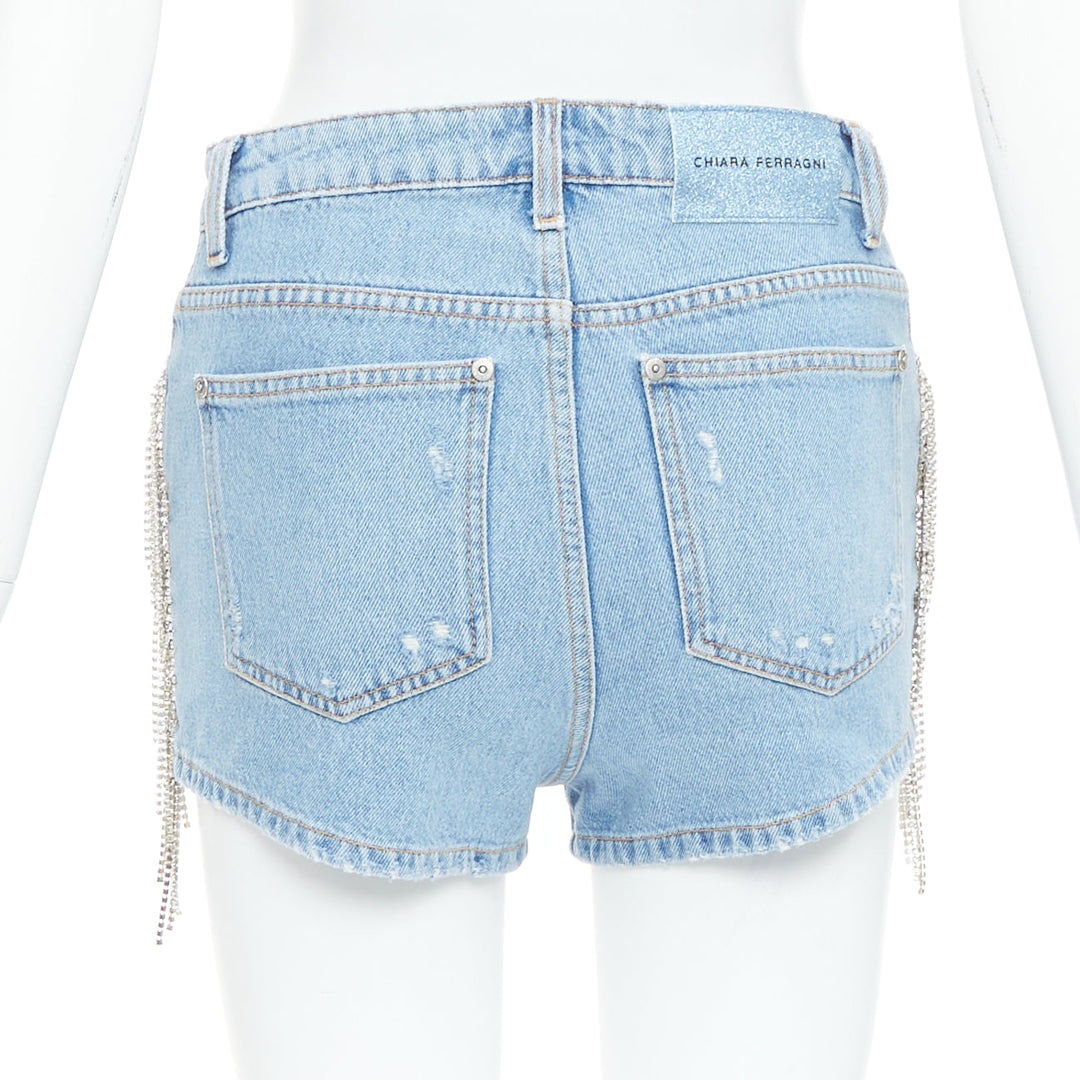 CHIARA FERRAGNI blue crystal fringe distressed denim short shorts XS