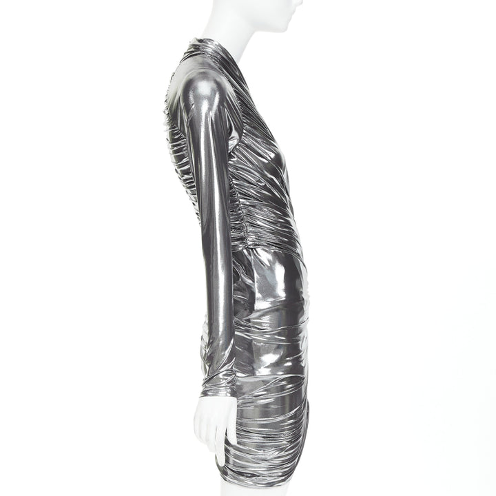 FERRAGAMO Maximilian Davis 2023 Runway metallic silver lame wrapped dress IT40 S