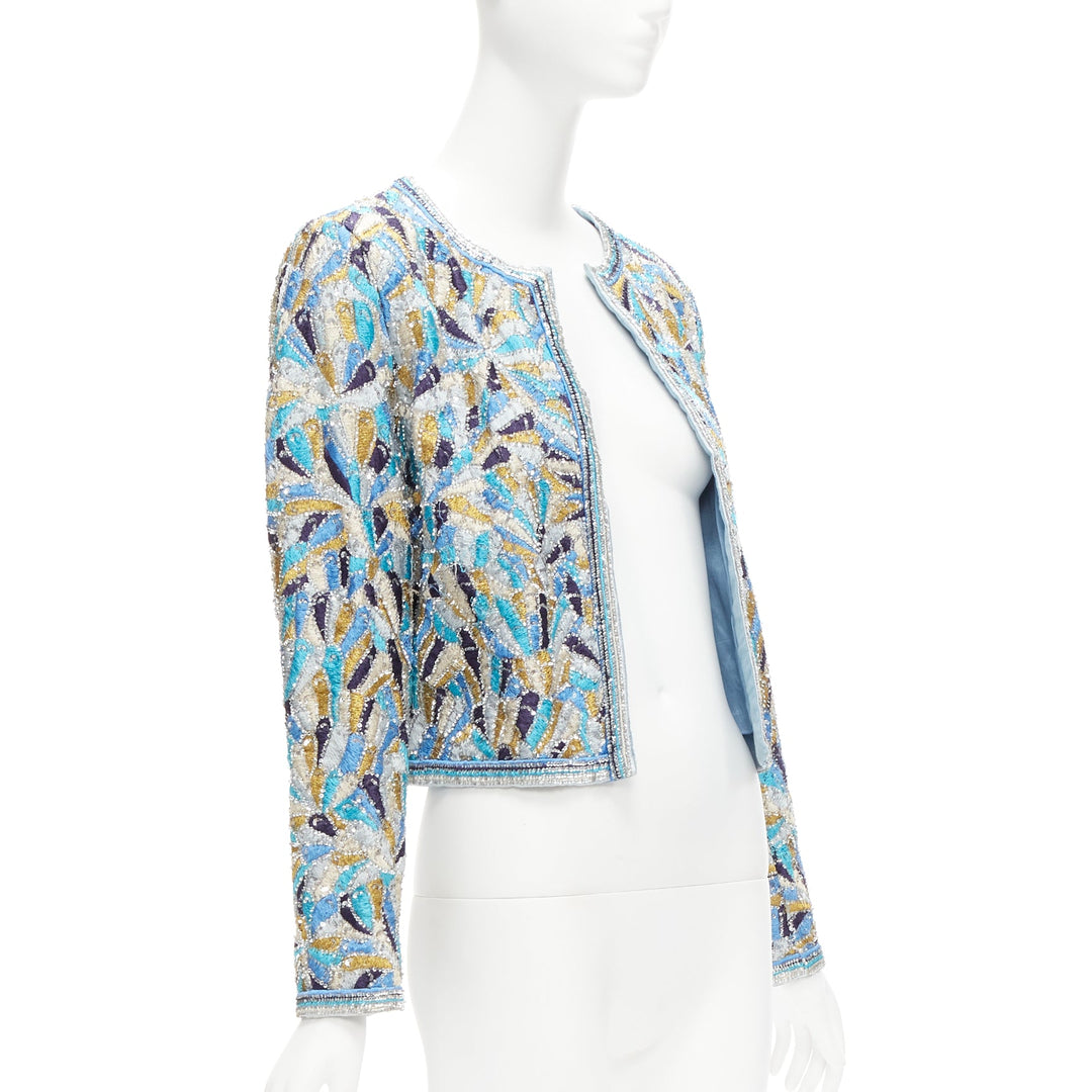 MANOUSH blue bead embellished silver sequin trim cropped jacket FR38 M