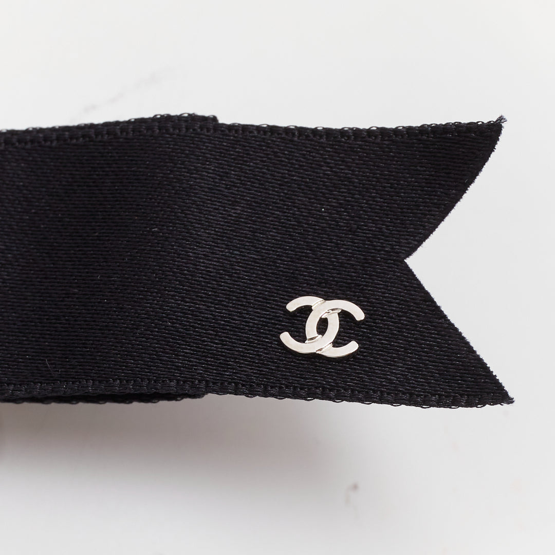 CHANEL 2021 Metiers d'Art black grosgrain silver ribbon bow hair clip barette