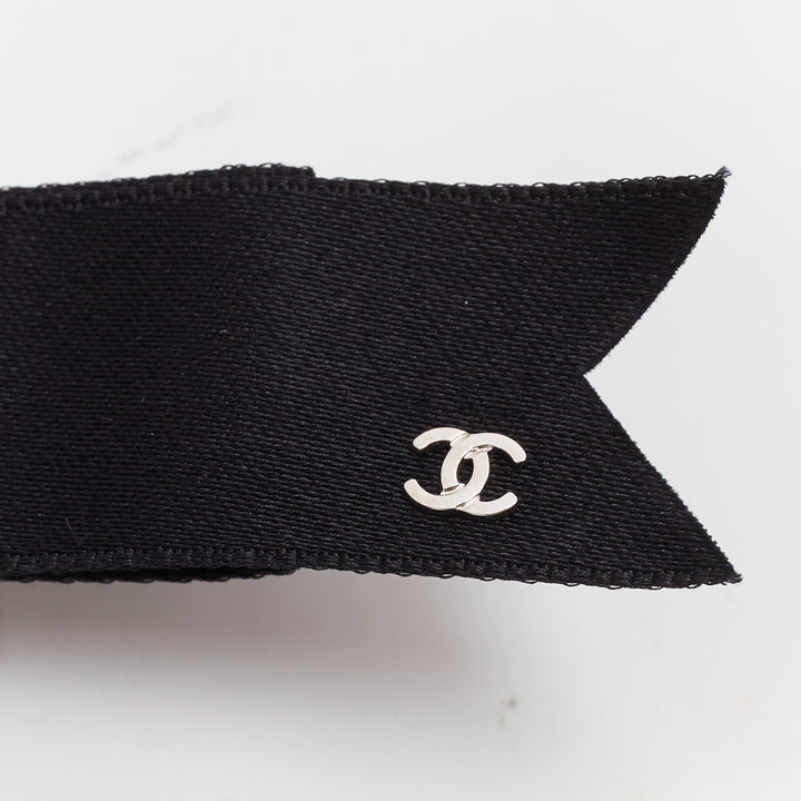 CHANEL 2021 Metiers d'Art black grosgrain silver ribbon bow hair clip barette
