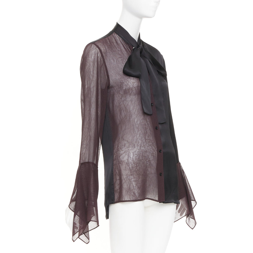 LOEWE asymmetric mixed media black sheer burgundy pussy bow blouse IT36