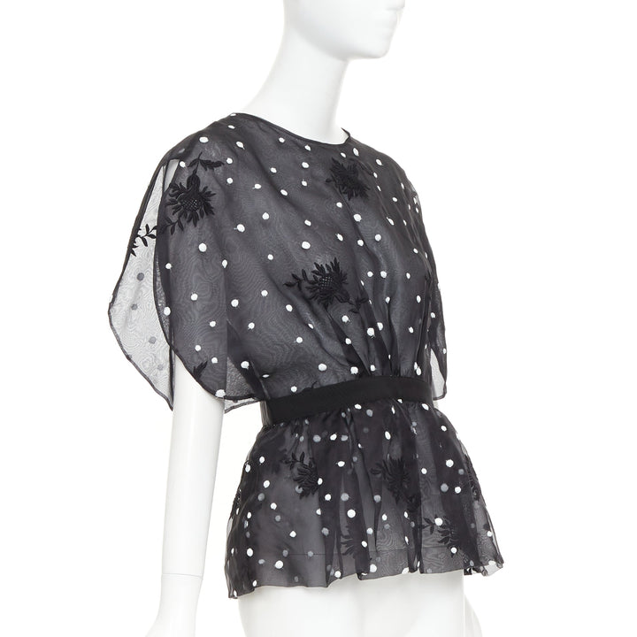 GIAMBATTISTA VALLI black polka dot applique sheer lace peplum top IT42 M