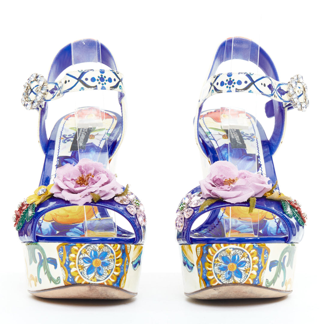 DOLCE GABBANA Bianca blue Majolica print floral embellish platform wedges EU38.5