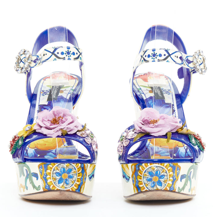 DOLCE GABBANA Bianca blue Majolica print floral embellish platform wedges EU38.5