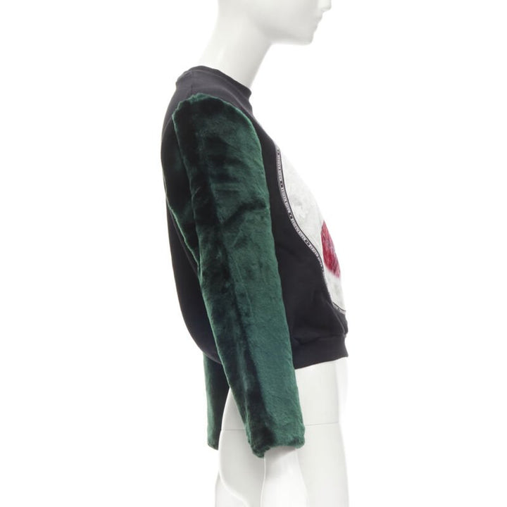NASIR MAZHAR black velvet print green faux fur sleeve pullover sweatshirt S