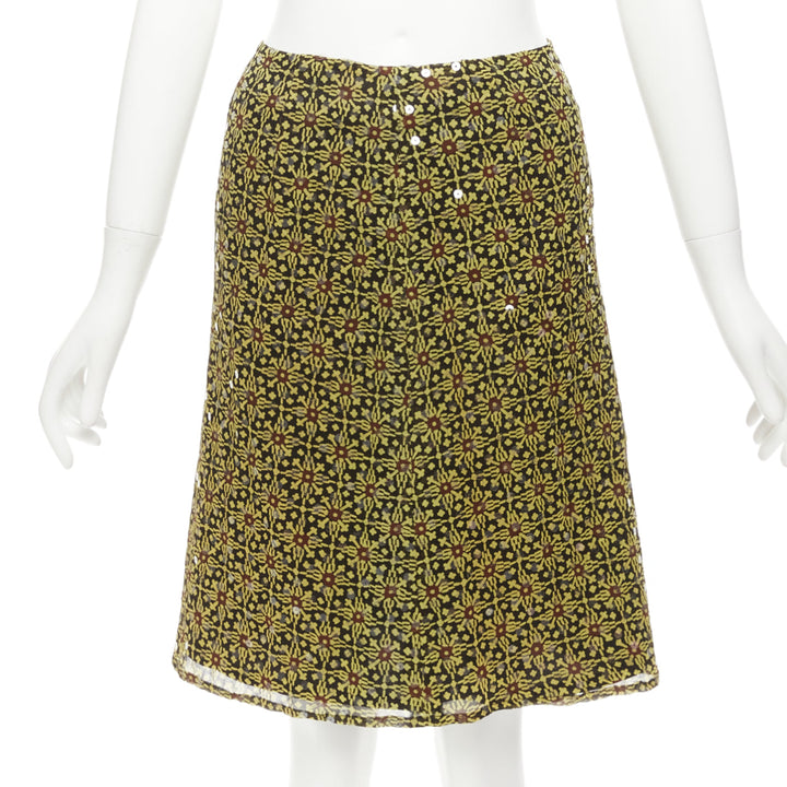 VERSUS Vintage 100% silk yellow black sequins mid rise knee skirt 26"