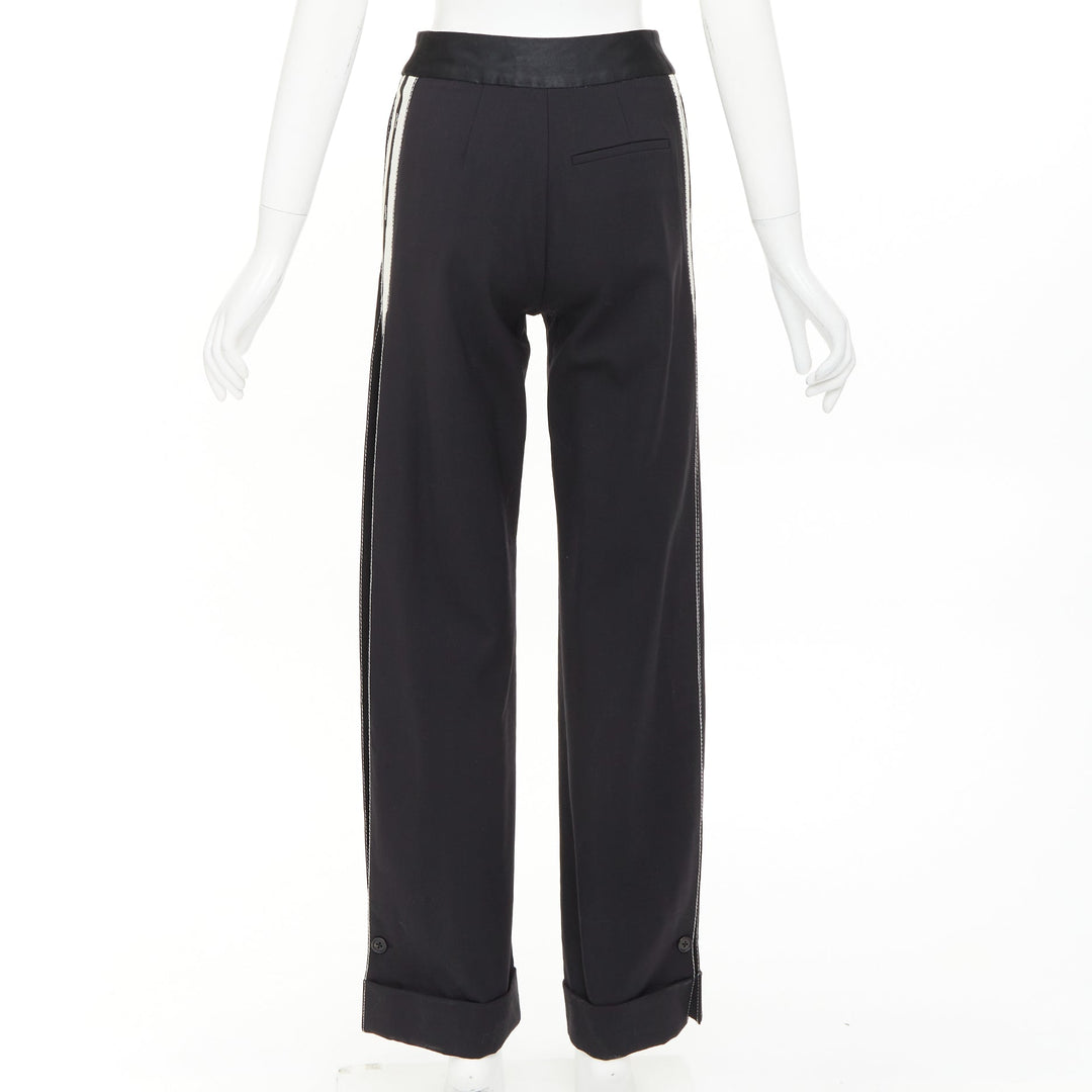 MONSE black virgin wool cream cotton twill logo trim wide leg pants US2 S