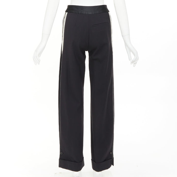 MONSE black virgin wool cream cotton twill logo trim wide leg pants US2 S