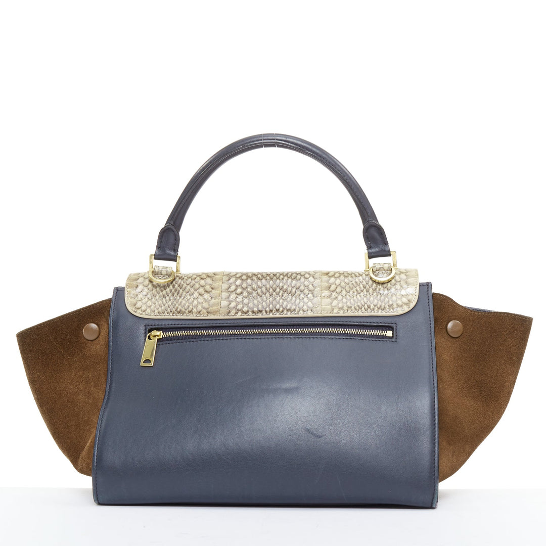 CELINE Trapeze beige scaled leather flap navy brown gold hardware bag
