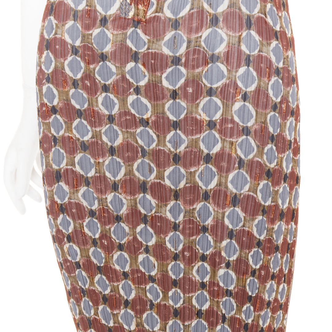 ISSEY MIYAKE Vintage Ajrakh brown blue tile print metallic ruffle pleat dress S