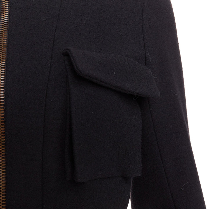 LANVIN 2003 black wool cargo pocket belted high neck zip front long coat FR36 S