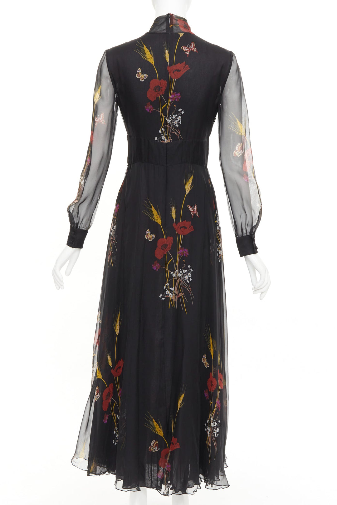 VALENTINO 2019 100% silk black Poppy Meadow chiffon tie neck midi dress IT40 S