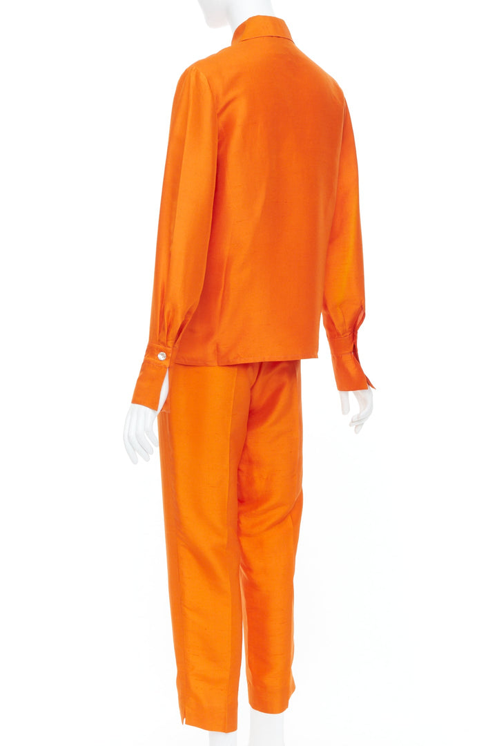 SHANGHAI TANG orange raw silk hidden placket long sleeve shirt trousers set XS
