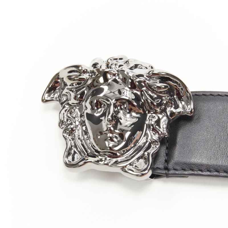 VERSACE La Medusa ruthenium silver buckle black leather belt 110cm 42-46"
